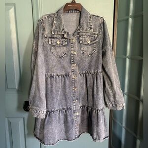 denim tiered shirt dress, often styled as a smock or babydoll silhouette.